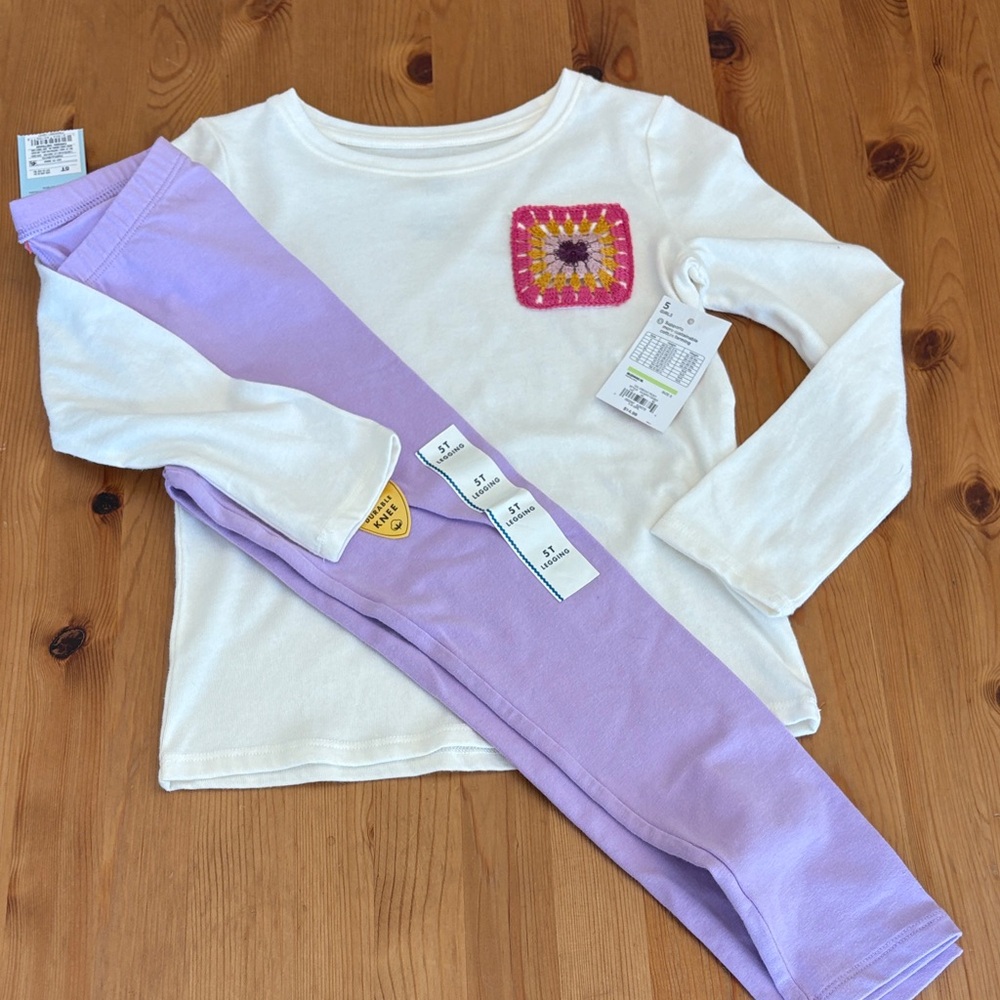 Kohl's Girls White Top with Pink and purple Crochet Detail and new leggings